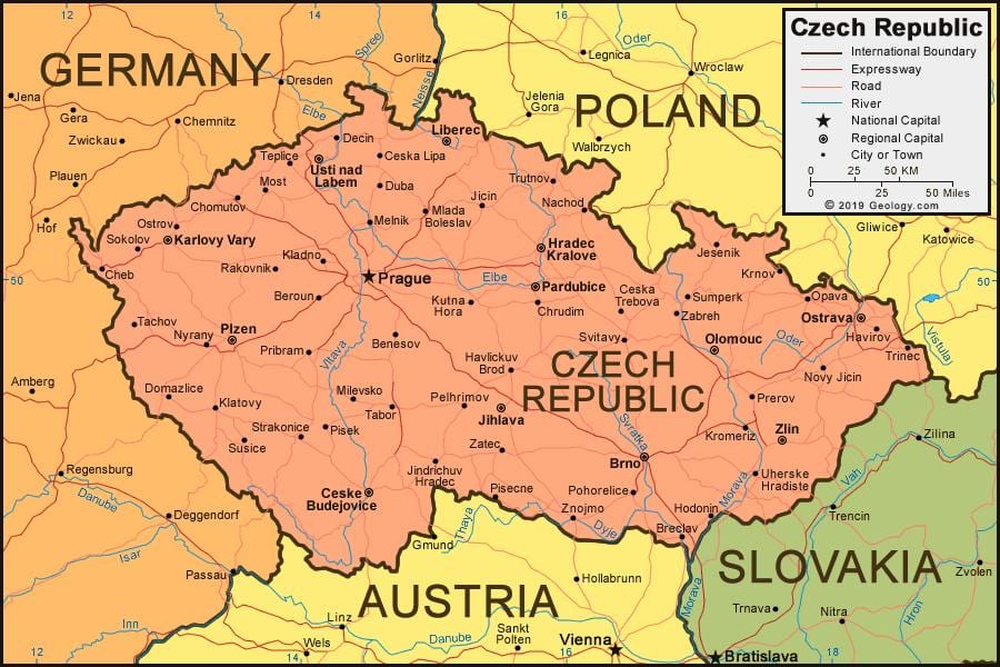 mapa Czech i krajów sąsiednich