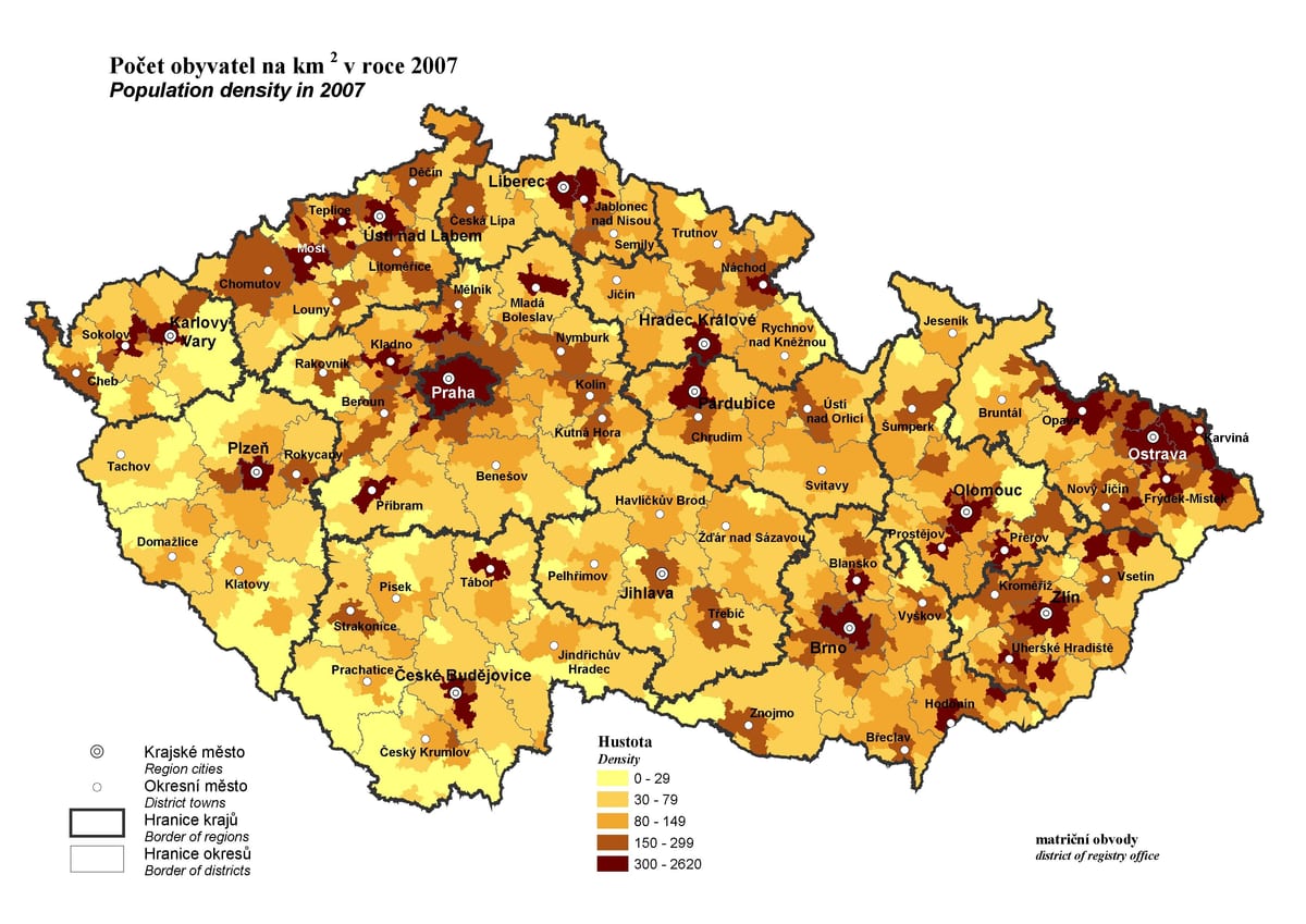Czechy mapie ludności