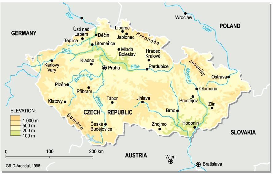 Wysokość Czech na mapie