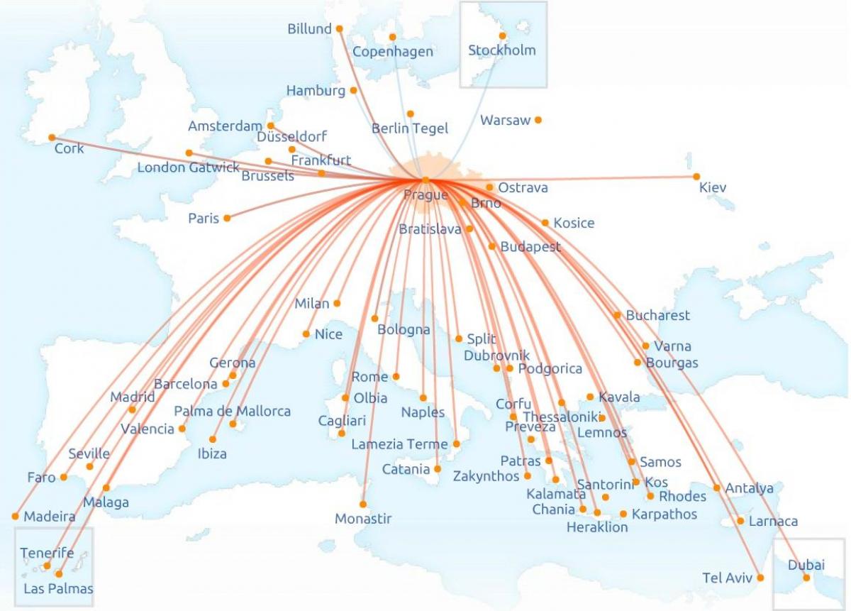 mapa, czeskie linie lotnicze trasę